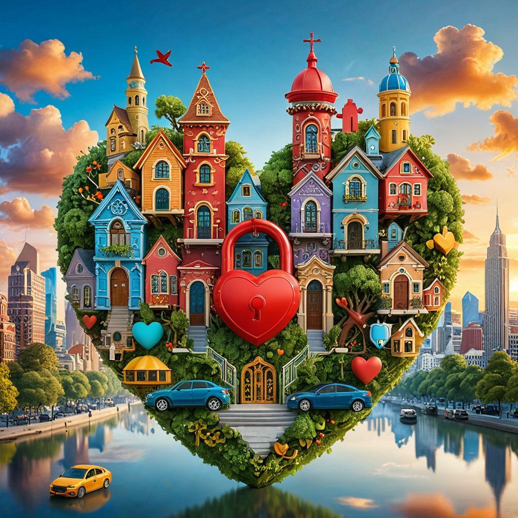 A creative heart-shaped lock with a glowing key, surrounded by various insurance icons like home, auto, and health symbols floating around. In the background, a couple holds hands while exploring a vibrant cityscape that represents affordable custom solutions. The color palette should evoke warmth and optimism. super-realistic. vibrant colors. 3D.