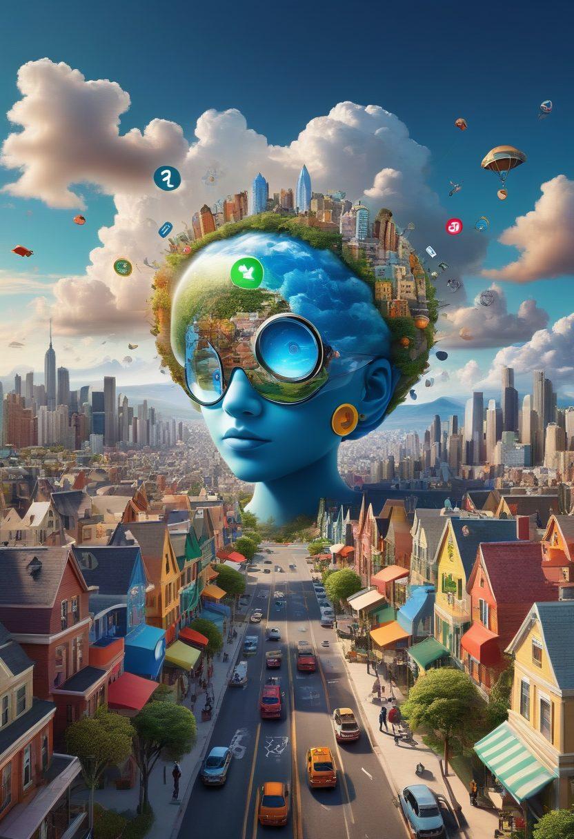 A dynamic landscape depicting a person holding a magnifying glass over a vibrant cityscape filled with various insurance symbols like houses, cars, and medical icons. The backdrop features a bright sky with clouds shaped like question marks and dollar signs, suggesting the search for the best deals. The scene should convey a sense of adventure and discovery in the world of insurance. super-realistic. vibrant colors. 3D.