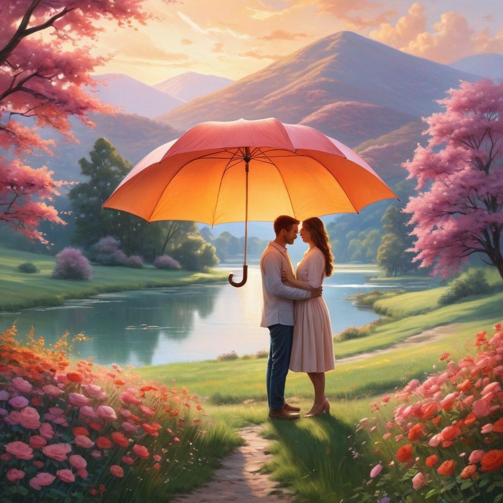 A happy couple surrounded by symbolically vibrant hearts, with a backdrop of a serene landscape representing peace of mind. Include elements like a shield or umbrella illustrating love insurance, and custom solutions like tools or gears in soft pastel colors. Add a warm glow effect to evoke feelings of security and affection. super-realistic. soft pastel colors. calming background.